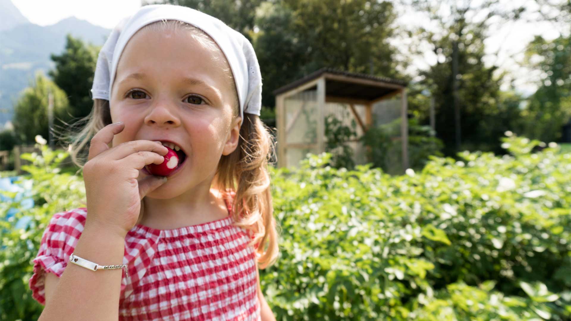 Zukunftsthemen Gesundheit: Junges Mädchen beißt in ein Radieschen, dass sie gerade im Garten selbst geerntet hat